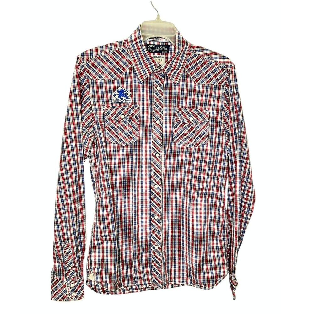 Scotch & Soda Mens Red White Blue Western Snap Up Shirt Scotch Devils Patch LG